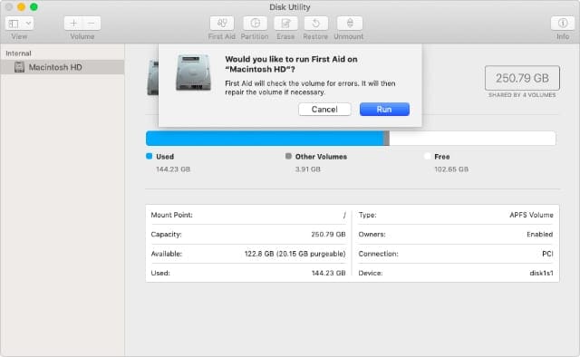 Disk Utility First Aid pop-up window