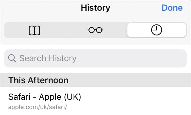 History option with Search bar on iPhone Safari