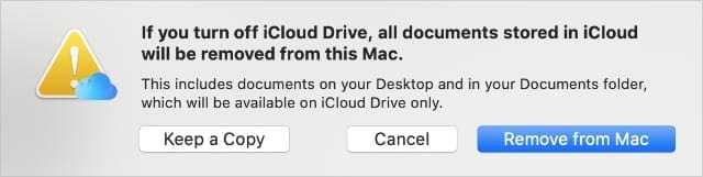iCloud Drive alert offering to keep a copy of documents