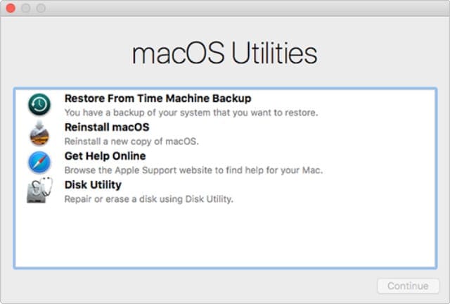 macOS Utilities window from Recovery Mode