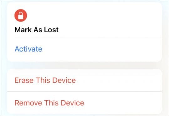 Mark as Lost and Erase This Device options in Find My app