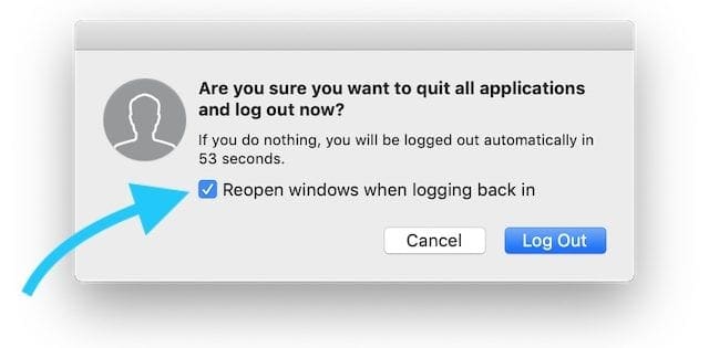 Reopen windows when logging back in check box.