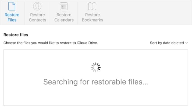 Searching for restorable files on iCloud website