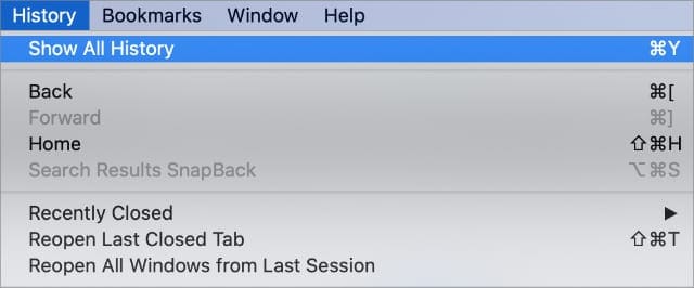 Show All History option from Mac Safari menu bar